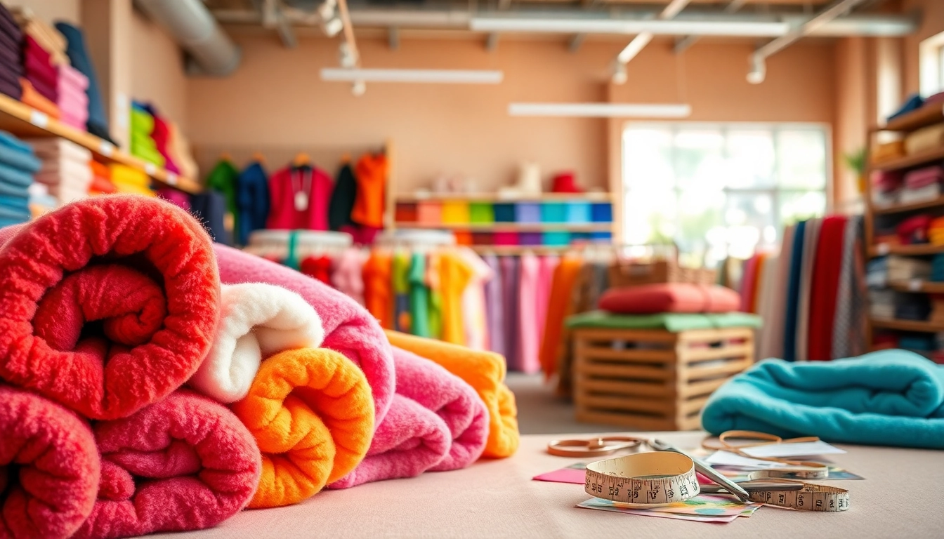 Fleece stof kopen in een levendige stoffenwinkel met kleurrijke fleece rollen.