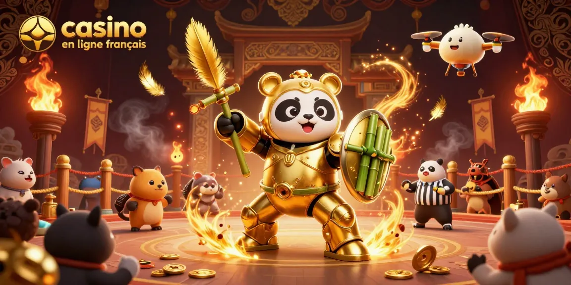 Casino en ligne français : combat dynamique dans une arène d'animaux avec un panda doré