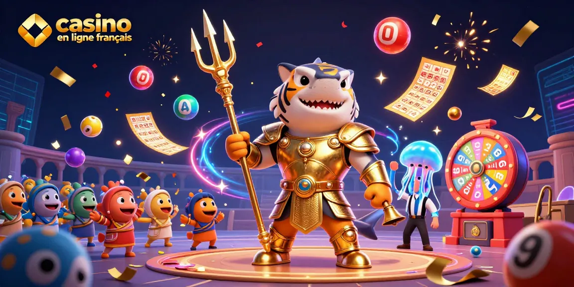 Plongez dans l'univers du casino en ligne français avec un requin tigre en armure dorée célébrant la chance.