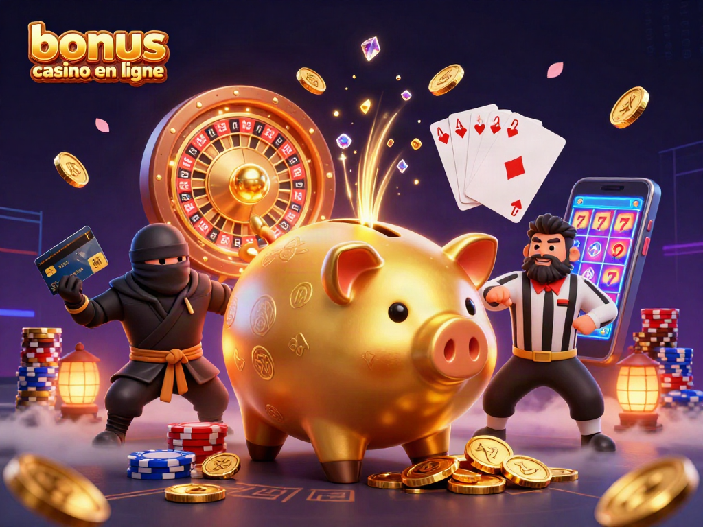 Profitez des bonus casino en ligne avec un sumo en or, un ninja et un samouraï dans une scène dynamique.