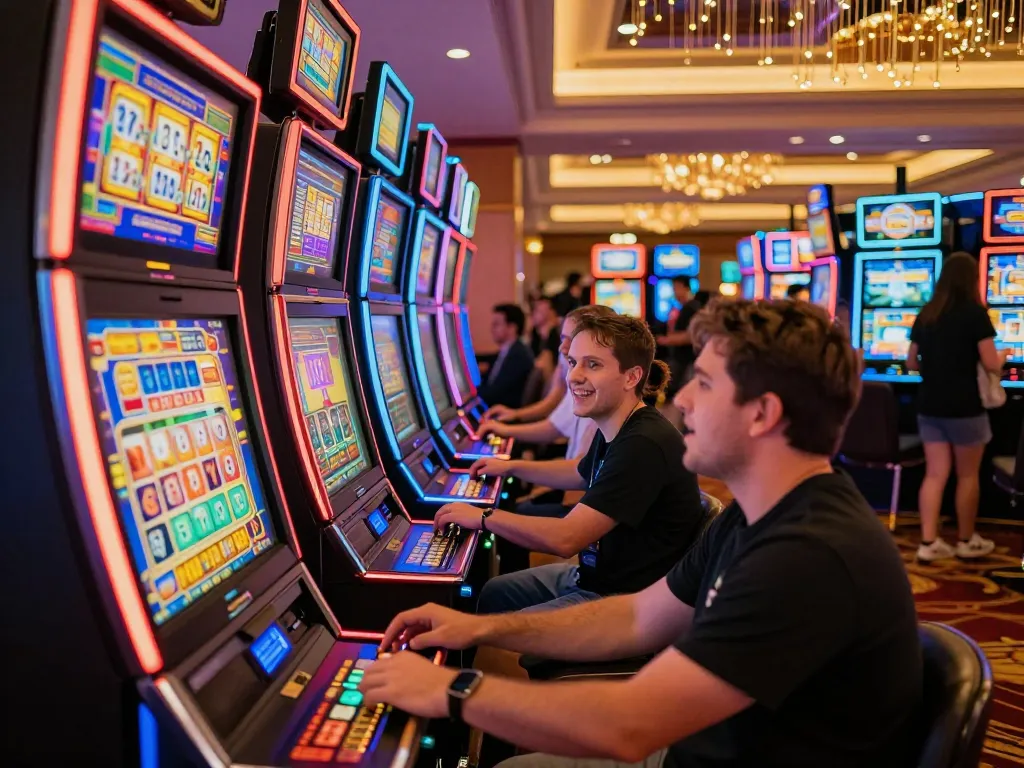 Player engaging in a slot bet 50 at a vibrant casino, colorful machines glowing with excitement