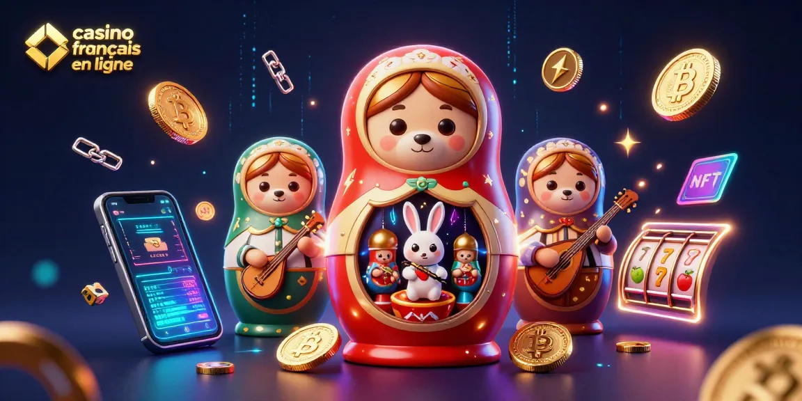 Découvrez le monde fascinant du casino français en ligne avec des ours de Matriochka et des éléments de jeu.