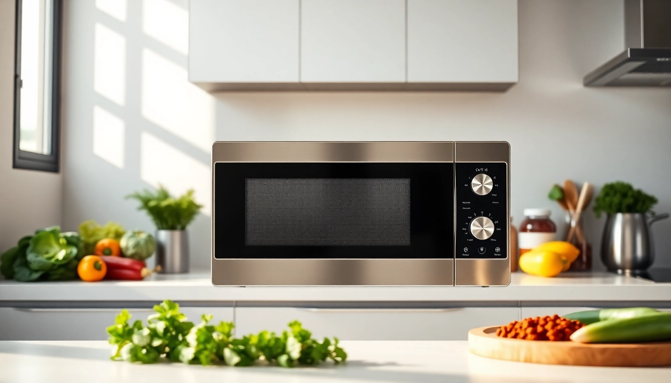 Boost your microwave oven sales by showcasing a sleek, modern kitchen with cooking options.