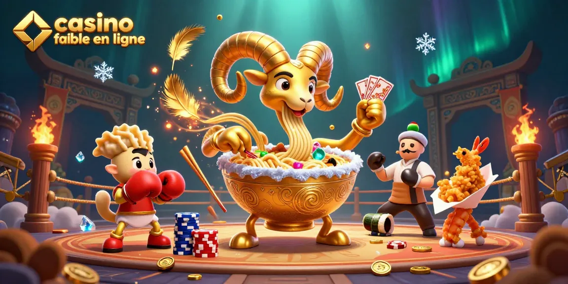 Illustrez le meilleur casino fiable en ligne avec un bol de ramen doré jouant et des personnages amusants.