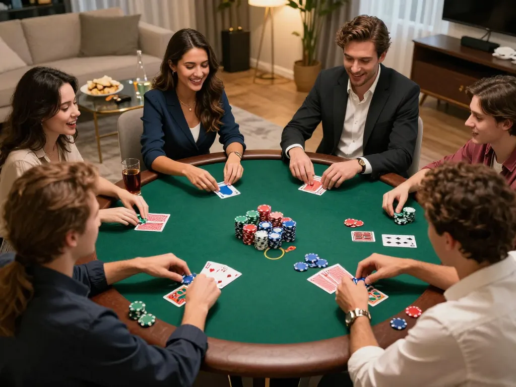 Friends playing poker together at home during an ATQ game night, with cards and chips visible.