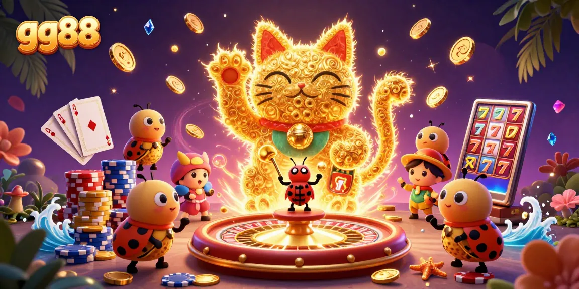 Experience the excitement at gg88 with a vibrant display of casino elements and golden lucky cat.