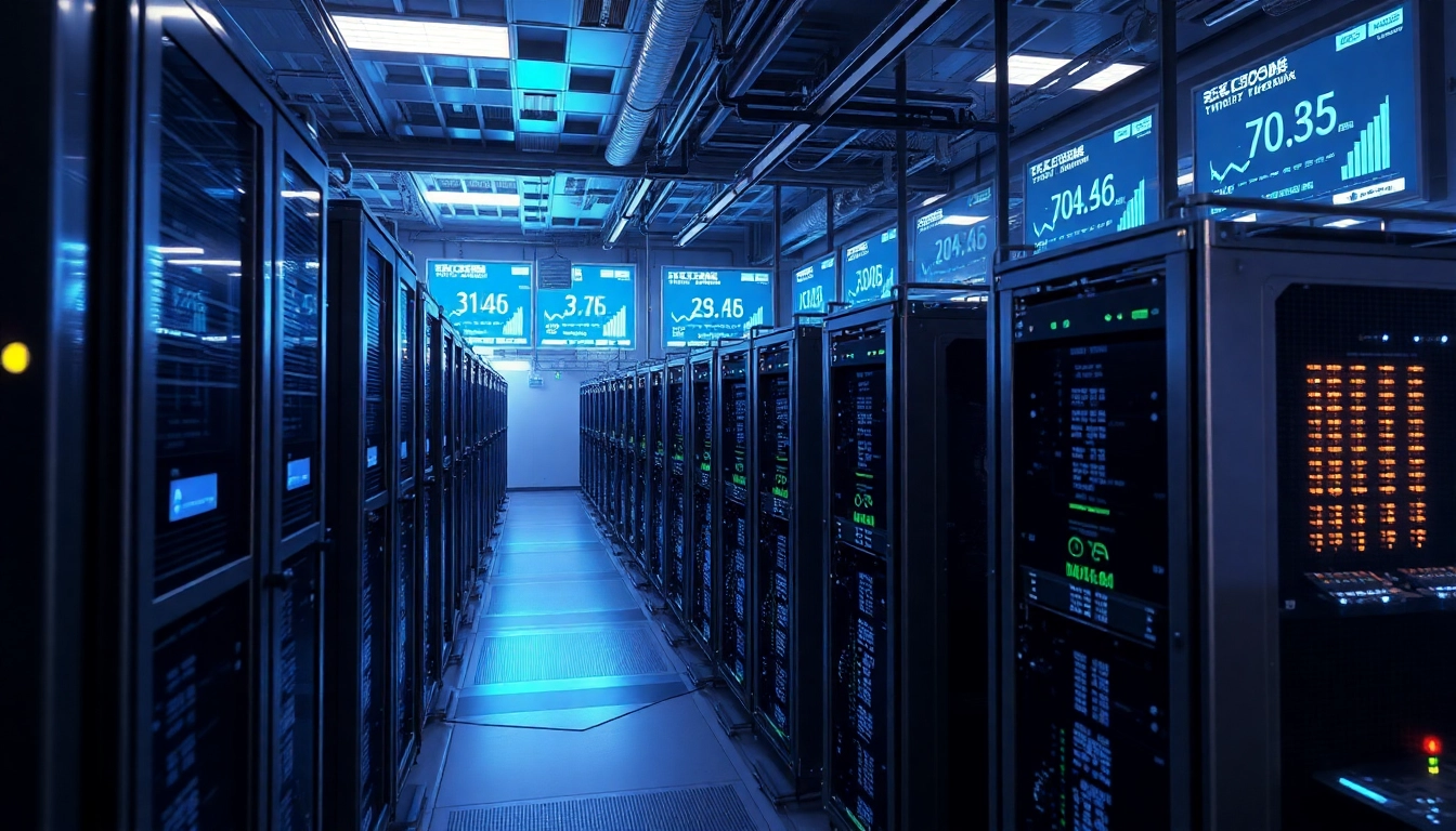 Crypto mining operation with ASIC miners and digital data screens.