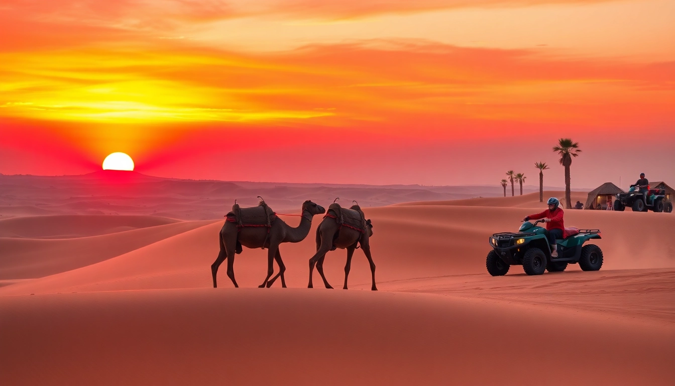 Marrakech camel ride and quad biking experience at sunset in Agafay Desert, showcasing camels against a colorful sky.