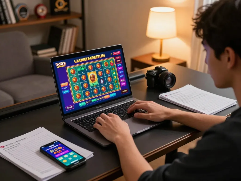 Aksi permainan online Toto Macau dengan pemain yang terlibat dalam undian langsung dan catatan strategi di rumah.