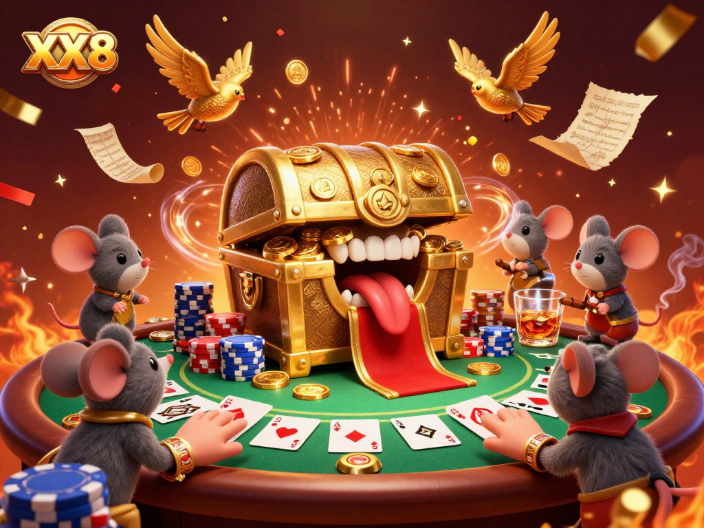 Engage with XX8's vibrant casino scene featuring adventurous mice and treasure chests.