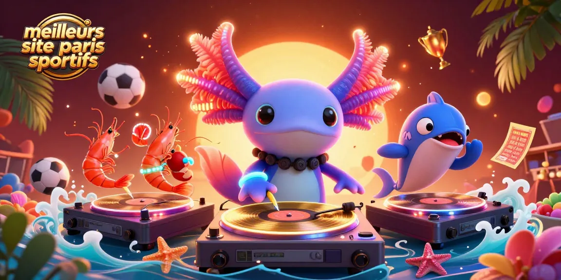 Parieurs profitant des meilleurs sites de paris sportifs avec un DJ axolotl et éléments sportifs vibrants