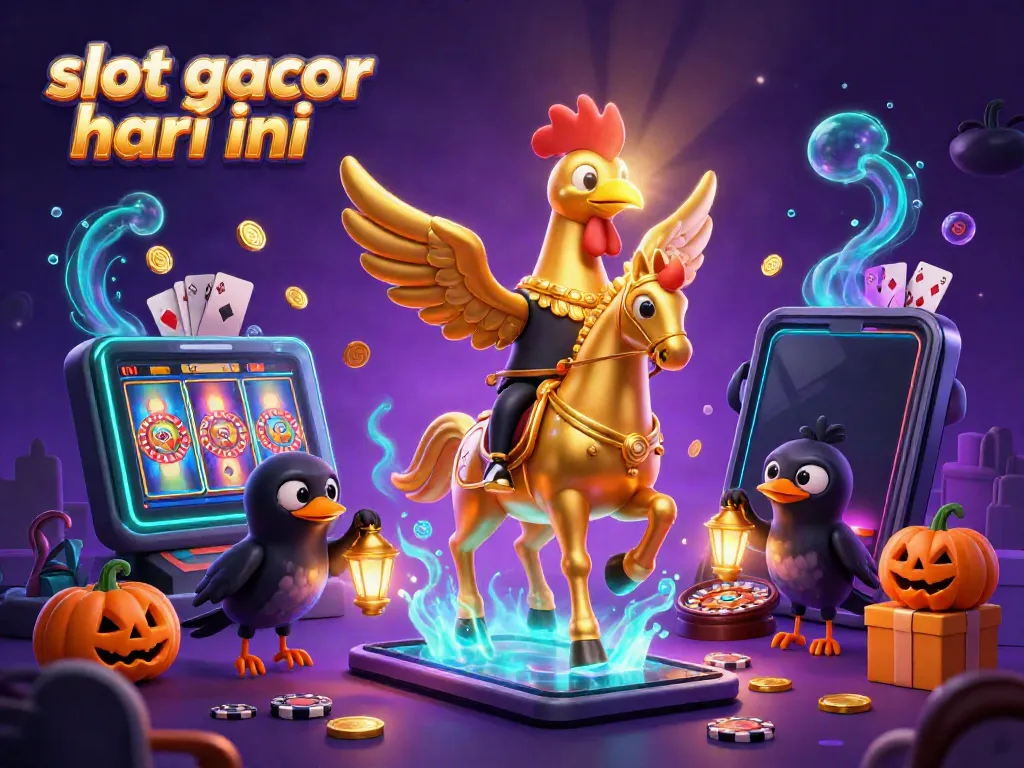 Visual menarik tentang slot gacor hari ini dengan simbol perjudian yang penuh warna dan karakter unik.