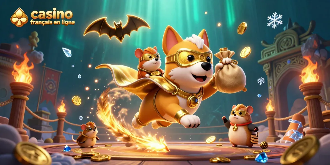 Plongez dans l'univers du casino français en ligne avec une illustration énergique de jeu, mettant en scène un chien héroïque et un hamster.