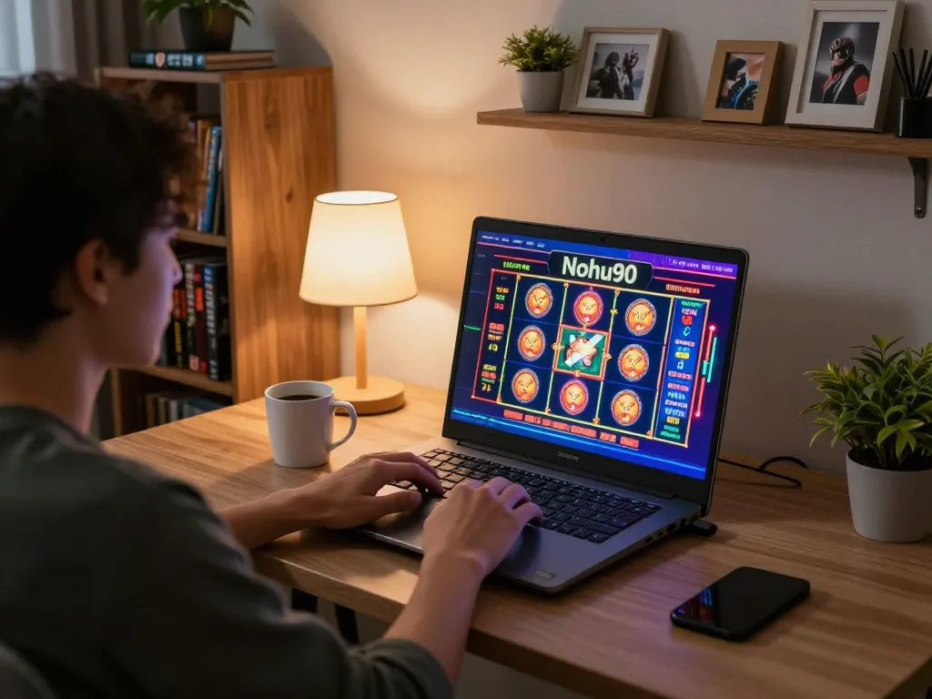 Nohu90 com player enjoying an online slot game in a cozy home office environment.