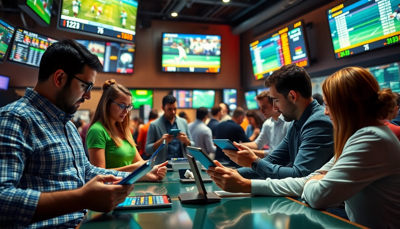 Engaged individuals participating in sports betting within a vibrant sportsbook environment.