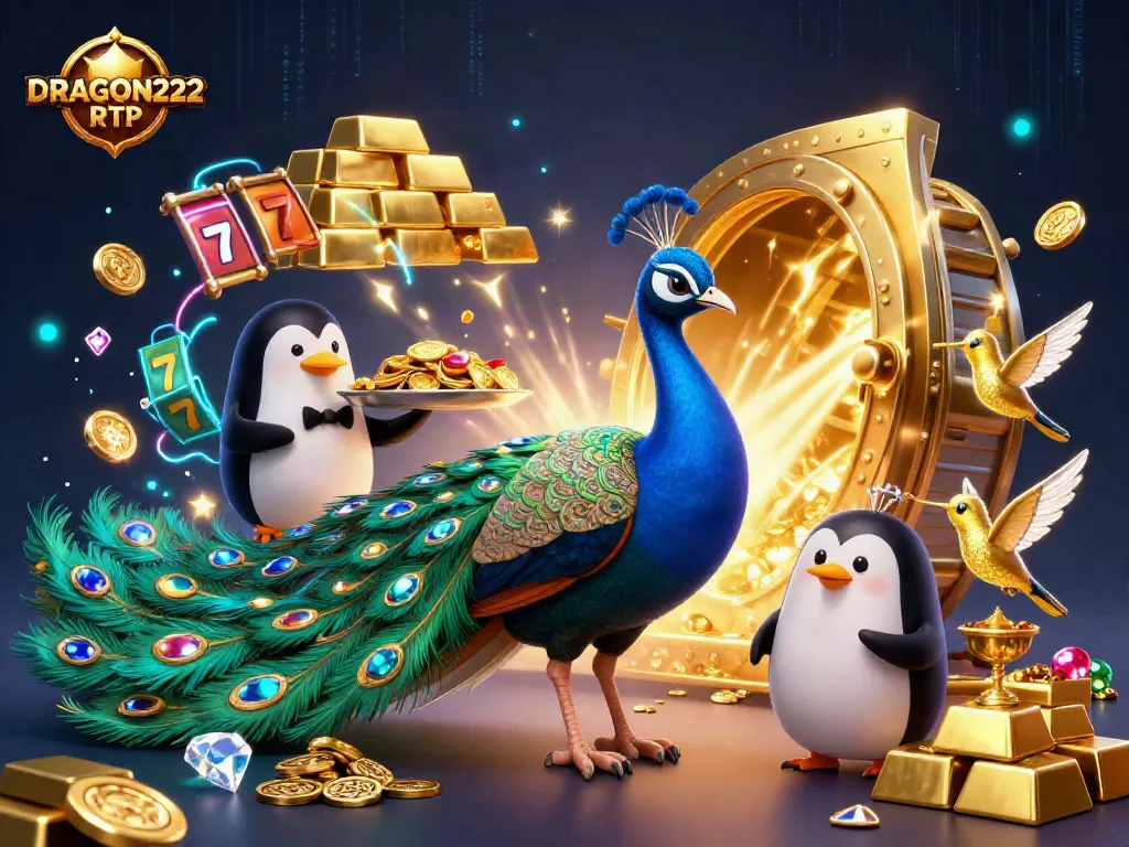 Embrace the excitement of DRAGON222 RTP as the peacock dazzles amidst a vibrant casino scene.