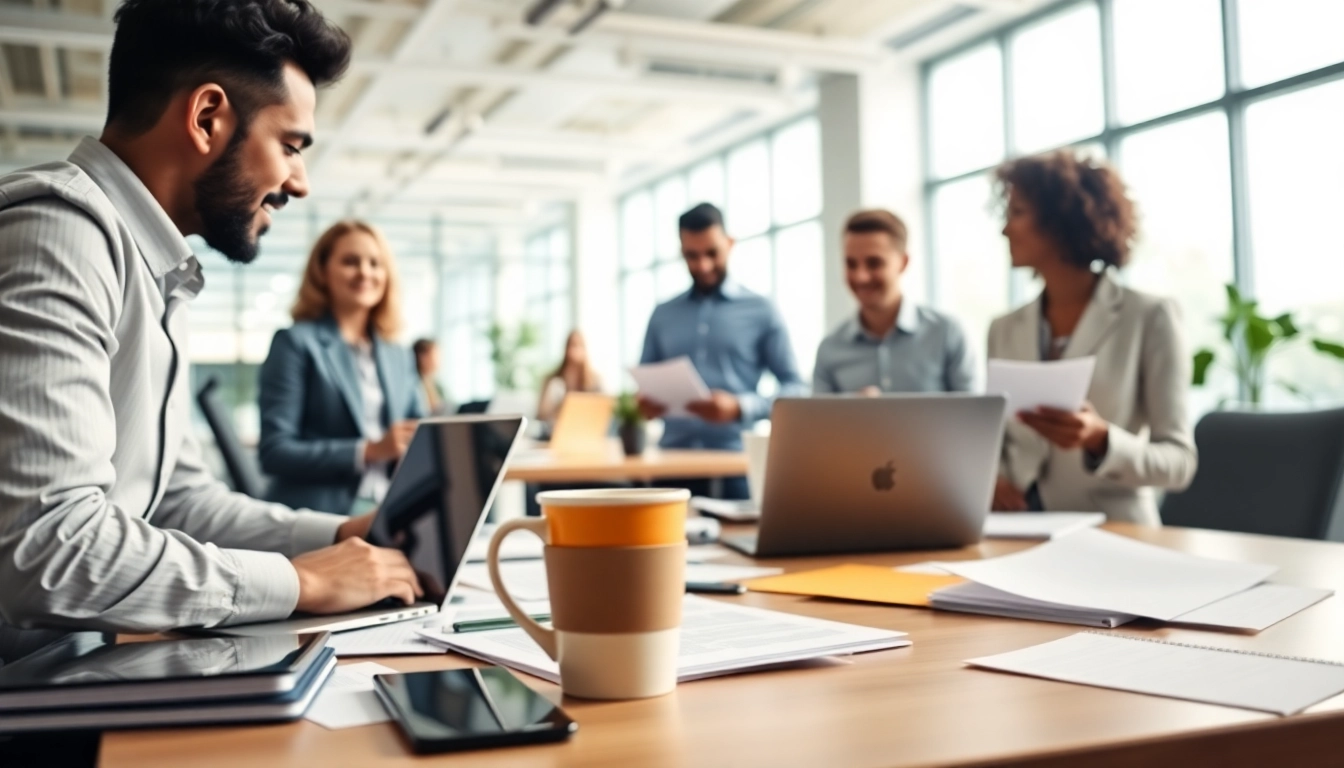 Facilitating US company registration process in a modern office environment with engaged entrepreneurs.