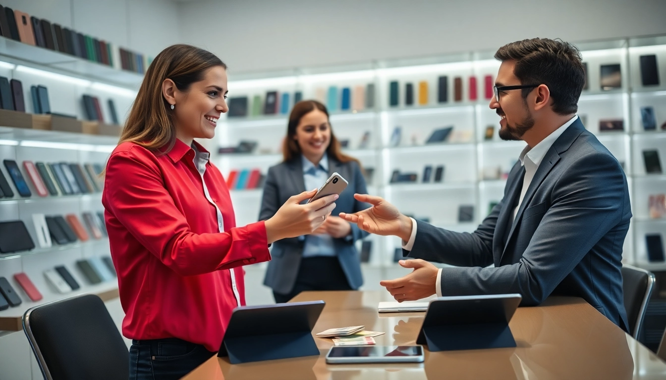 Sell phone cash transaction with a confident seller exchanging a smartphone in a professional setting.