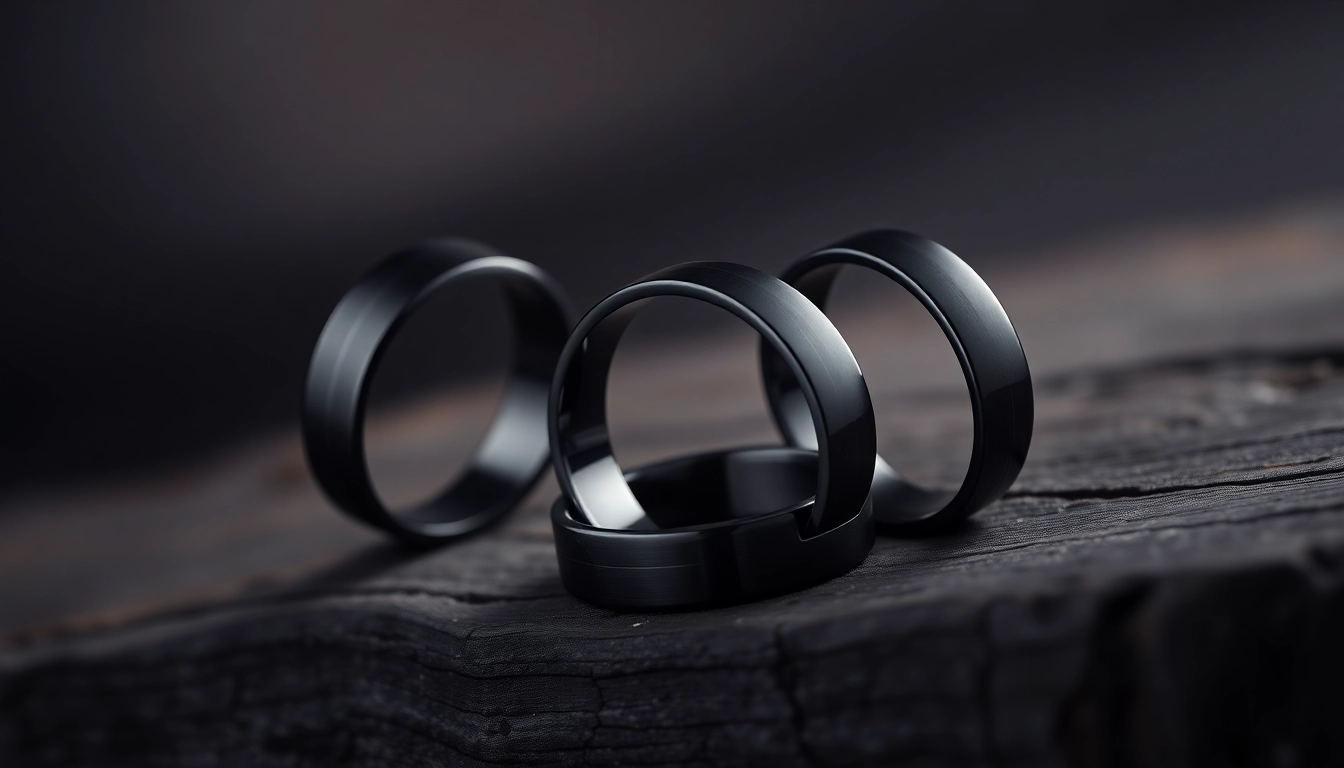 Showcasing stunning Black Zirconium Rings on dark wood, highlighting their elegant design and quality.