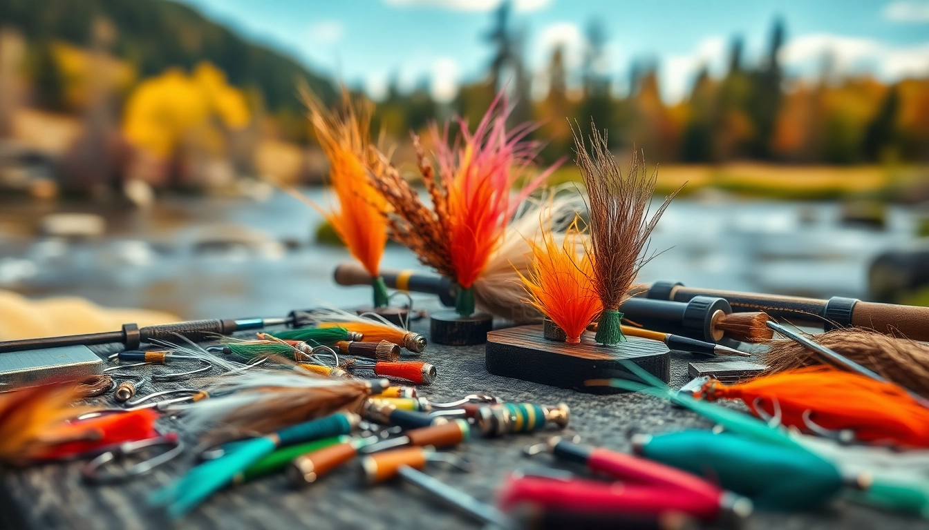 Fly tying tools and materials expertly arranged on a workstation in an outdoor environment.