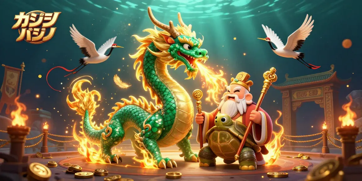カジノ バカラ カジノの幻想的なシーンで、ドラゴンが黄金の炎を吹き出し、亀の賢者と幸運の鶴と共に描かれた3Dイラスト。