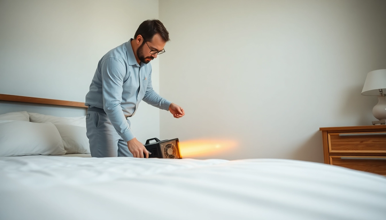 Technician conducting bed bug heat treatment in a cozy bedroom, showcasing a clean and safe environment.