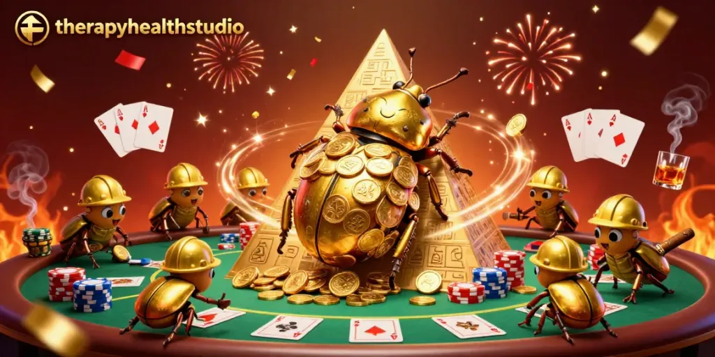 Engage in thrilling gameplay at therapyhealthstudio, featuring vibrant poker action with golden coins and beetles.