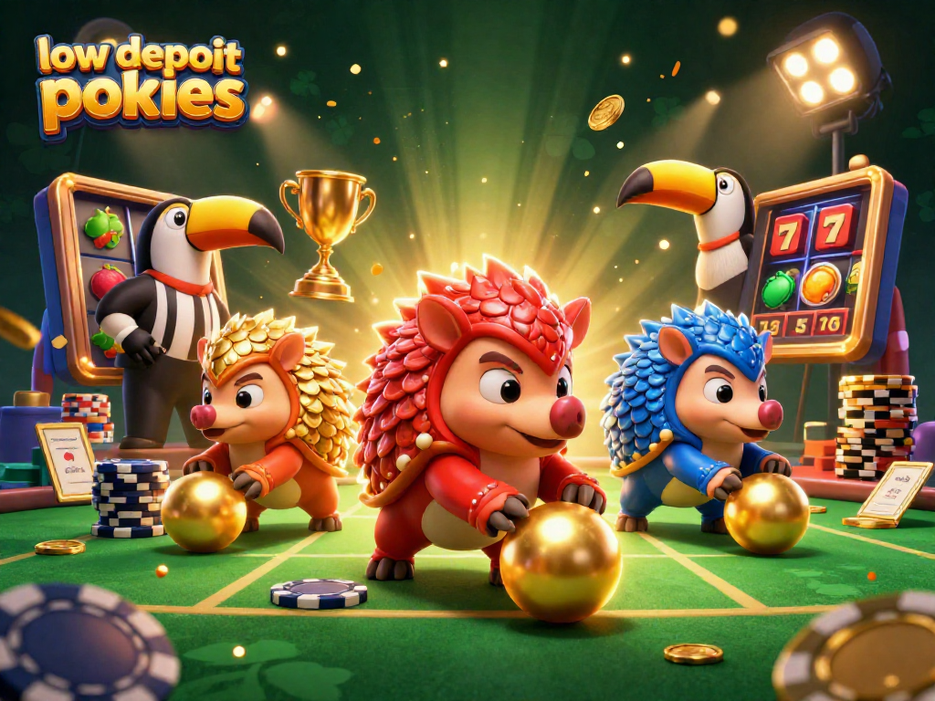 Engage with low deposit pokies in an exciting 3D illustration featuring rival pangolins and casino elements.