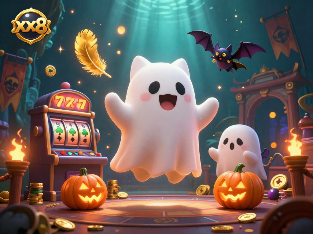 Experience the thrilling world of xx8 slots with ghost cat and vampire bat in a haunted casino.