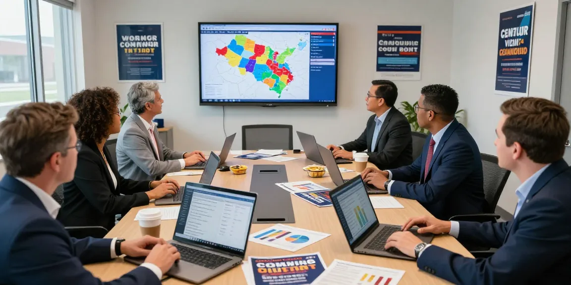 Team strategizing marketing for congressional campaigns in modern office