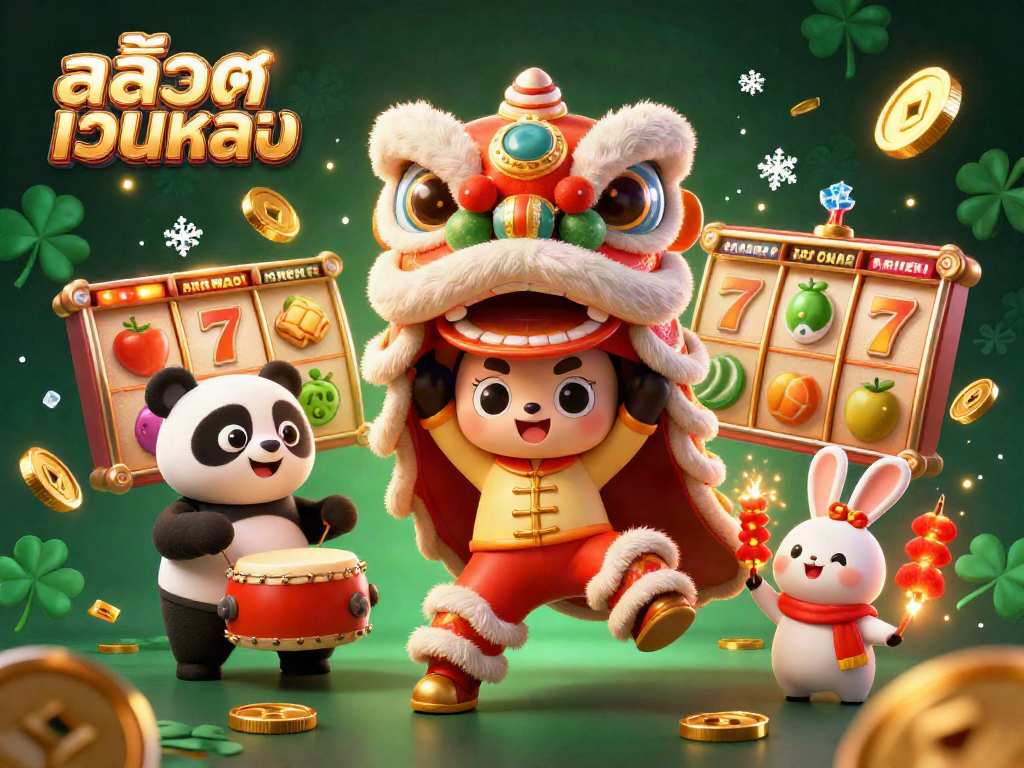 Engage with สล็อตเว็บตรง in this festive 3D illustration featuring dynamic slot reels and vibrant characters.