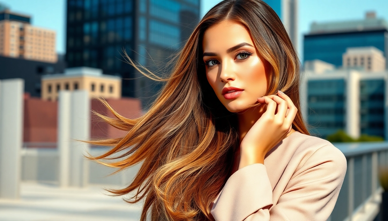 Model flaunting invisi edge clip in hair extensions showcasing a natural and seamless look.