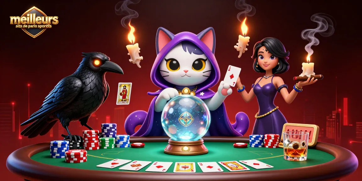 Illustration montrant le meilleur site de paris sportifs avec un chat ésotérique, un corbeau, et des éléments de poker dynamiques.