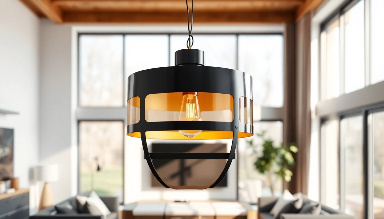 Stylish black and gold light fixture illuminating a modern living room space elegantly.