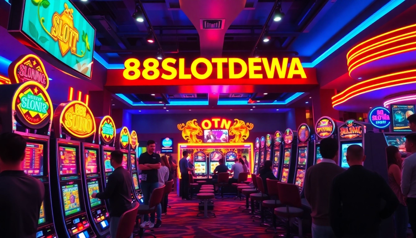 Menangkan di 88SLOTDEWA Pulsa dengan suasana kasino bercahaya dan mesin slot menarik.