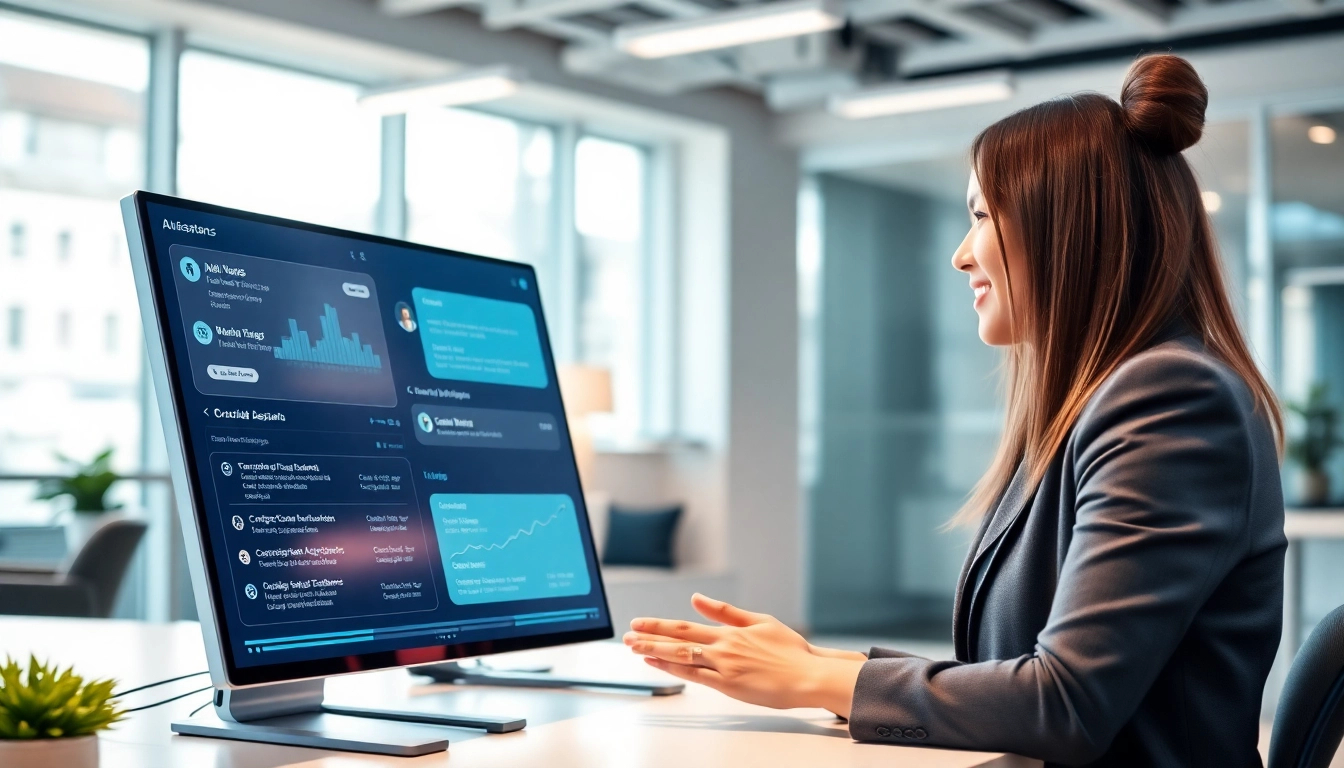 Utilizing an enterprise assistant in a vibrant office showcasing AI technology.