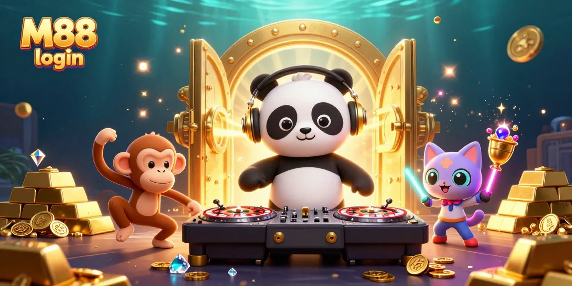 Experience the thrill of M88 login as a DJ panda spins on roulette wheels, surrounded by humorous characters and sparkling treasures.