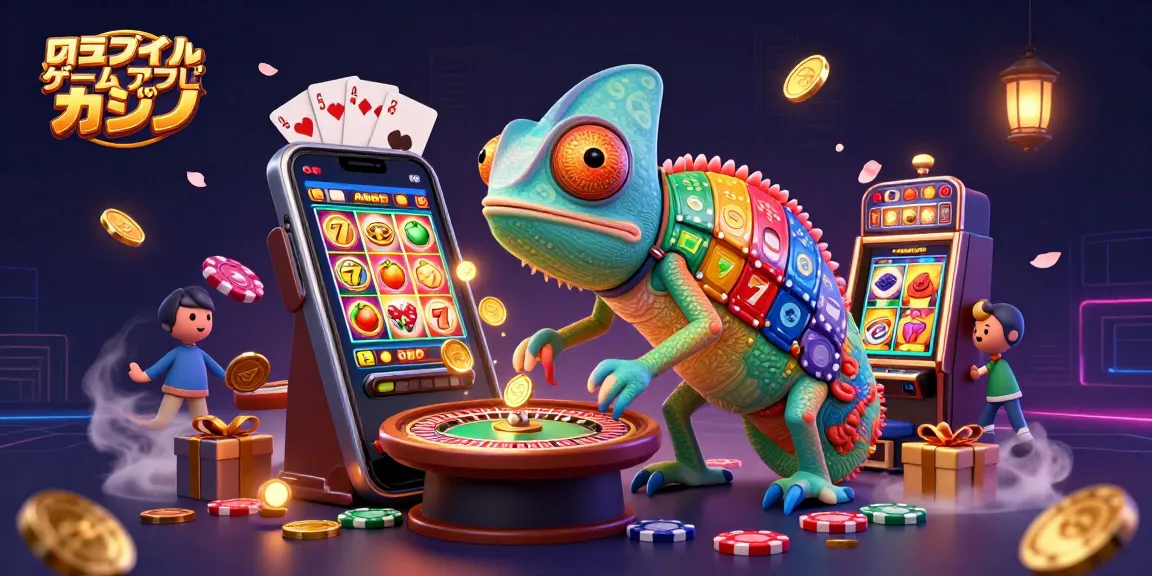 オンラインゲームアプリカジノのスロットゲームを楽しむ、カラフルなチップのカメレオンキャラクター