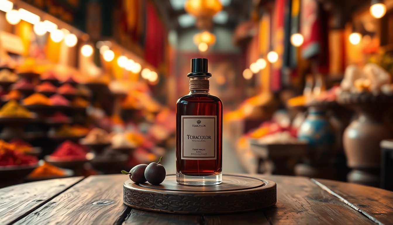 Experience Tobacolor fragrance showcased on a vintage wooden table with warm bazaar colors.
