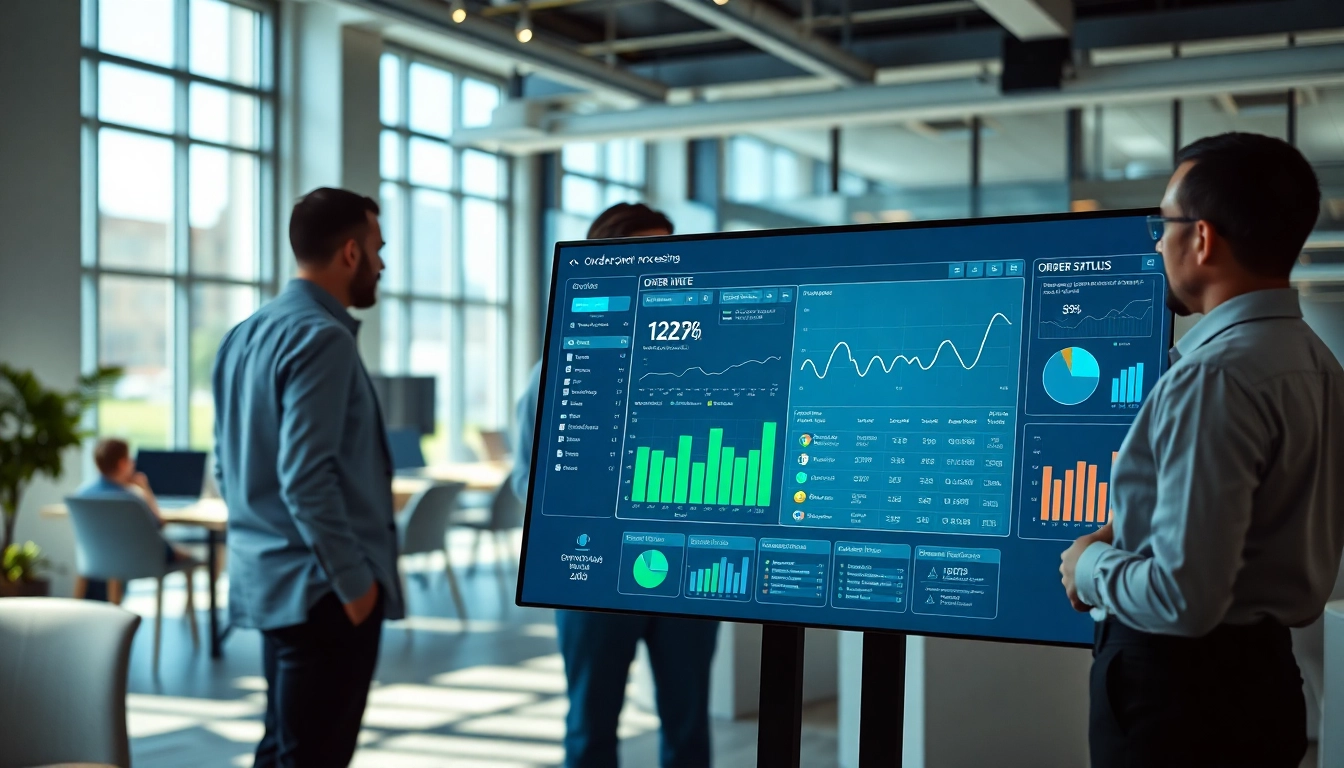 Visual representation of order processing software in a modern office setting, showcasing a digital dashboard and team engagement.