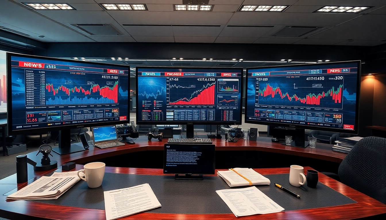 Engaging news desk showcasing live updates and data in a modern setting.