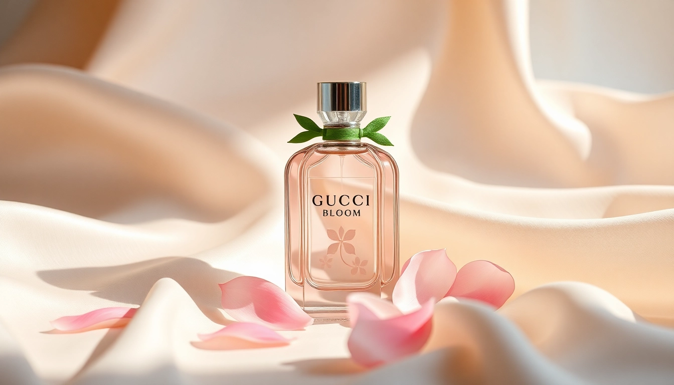 Admire the exquisite gucci bloom perfume bottle beautifully set against a silky backdrop.