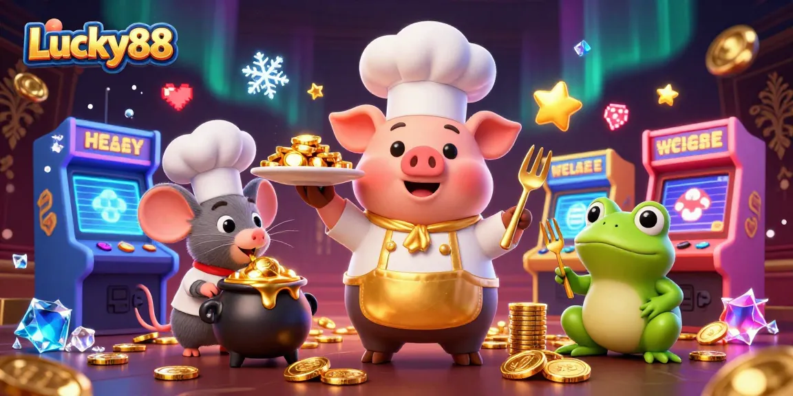 Experience Lucky88's vibrant casino scene with a chef pig and golden coins glistening in a colorful arcade atmosphere.