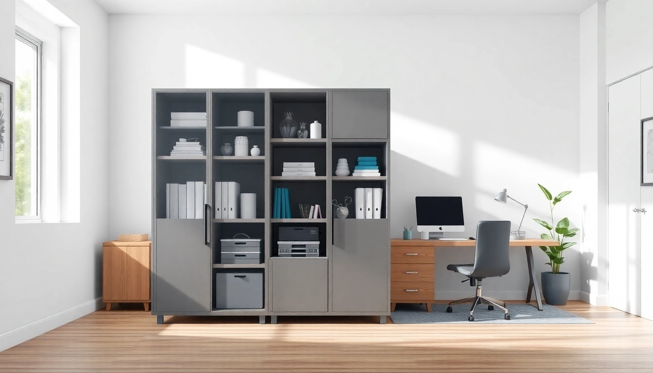 Stylish storage cabinet organizing office space with a modern aesthetic.