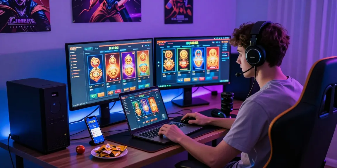 Exciting slot88 online gaming scene with player focusing on laptop and colorful LED lights.