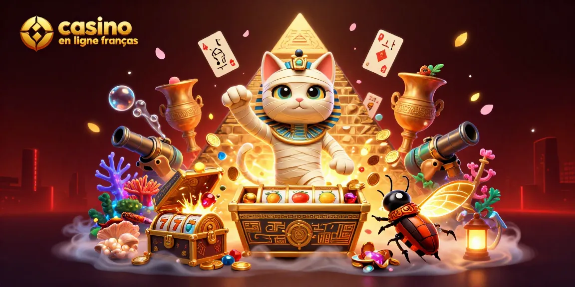 Illustration de casino en ligne français avec un chat momie et des éléments de jeu dynamiques.