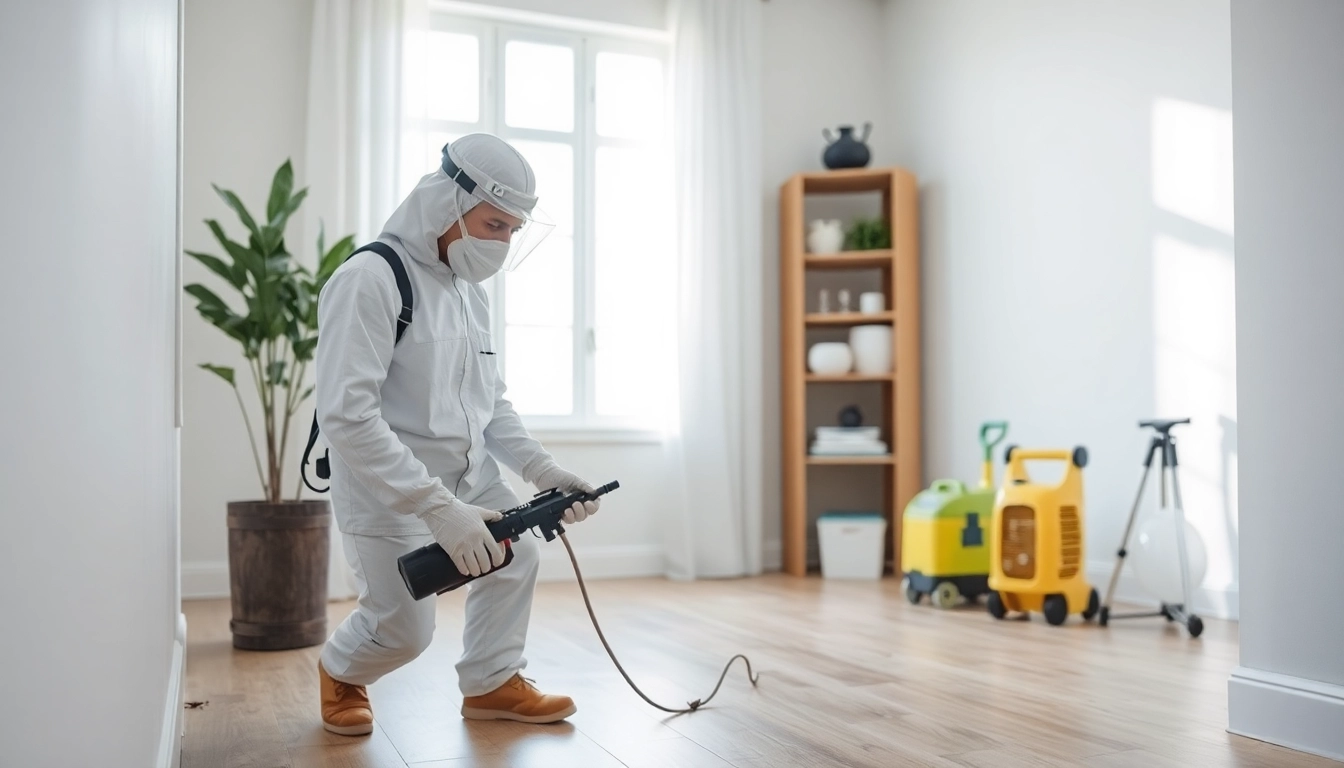 Open now insect exterminator applying pest control solutions in a clean home.