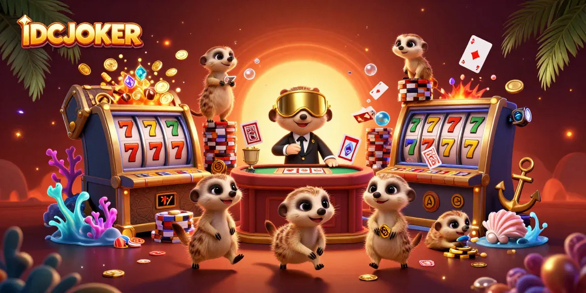 IDCJOKER meerkats managing a lively casino scene with vibrant slot machines and dynamic gaming elements.