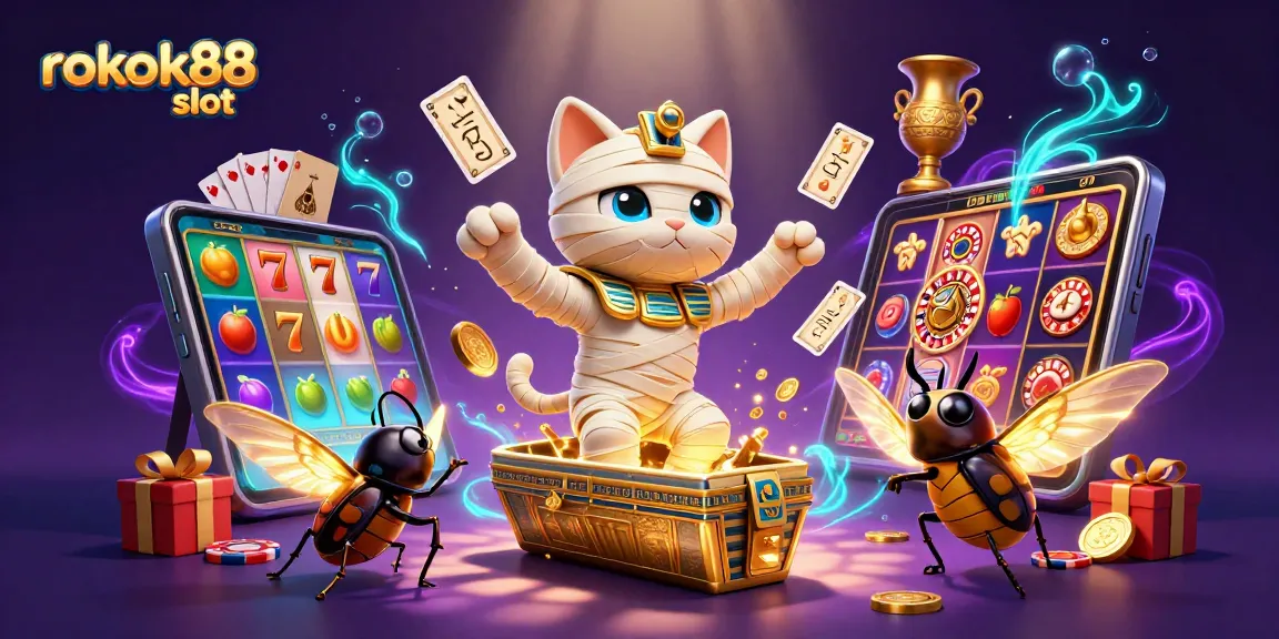 Experience the thrill of rokok88 slot with a vibrant 3D digital illustration of an Egyptian mummy cat, golden coins, and spinning slot reels.