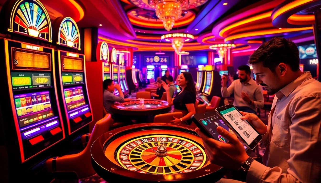 Adegan kasino yang menarik dengan opsi slot deposit 1K pada mesin digital dan meja permainan yang penuh warna.